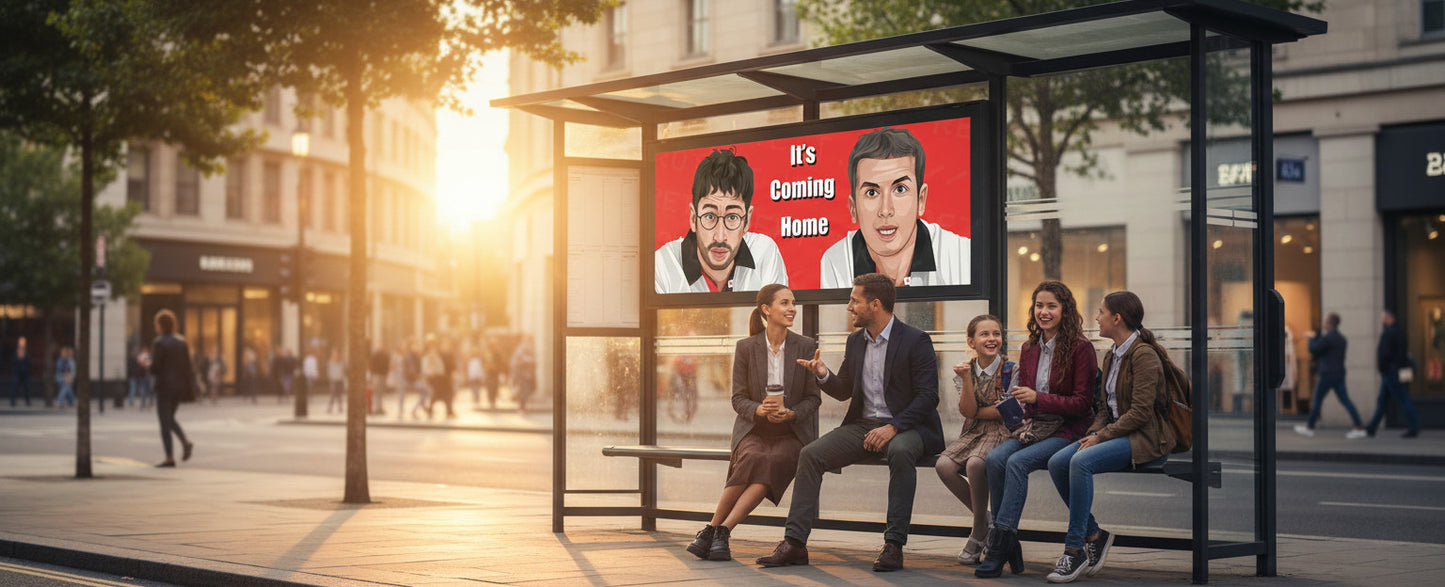 Retrotext mug featuring Baddiel and Skinner cartoon illustration with the text It's Coming Home on a bus stop ad