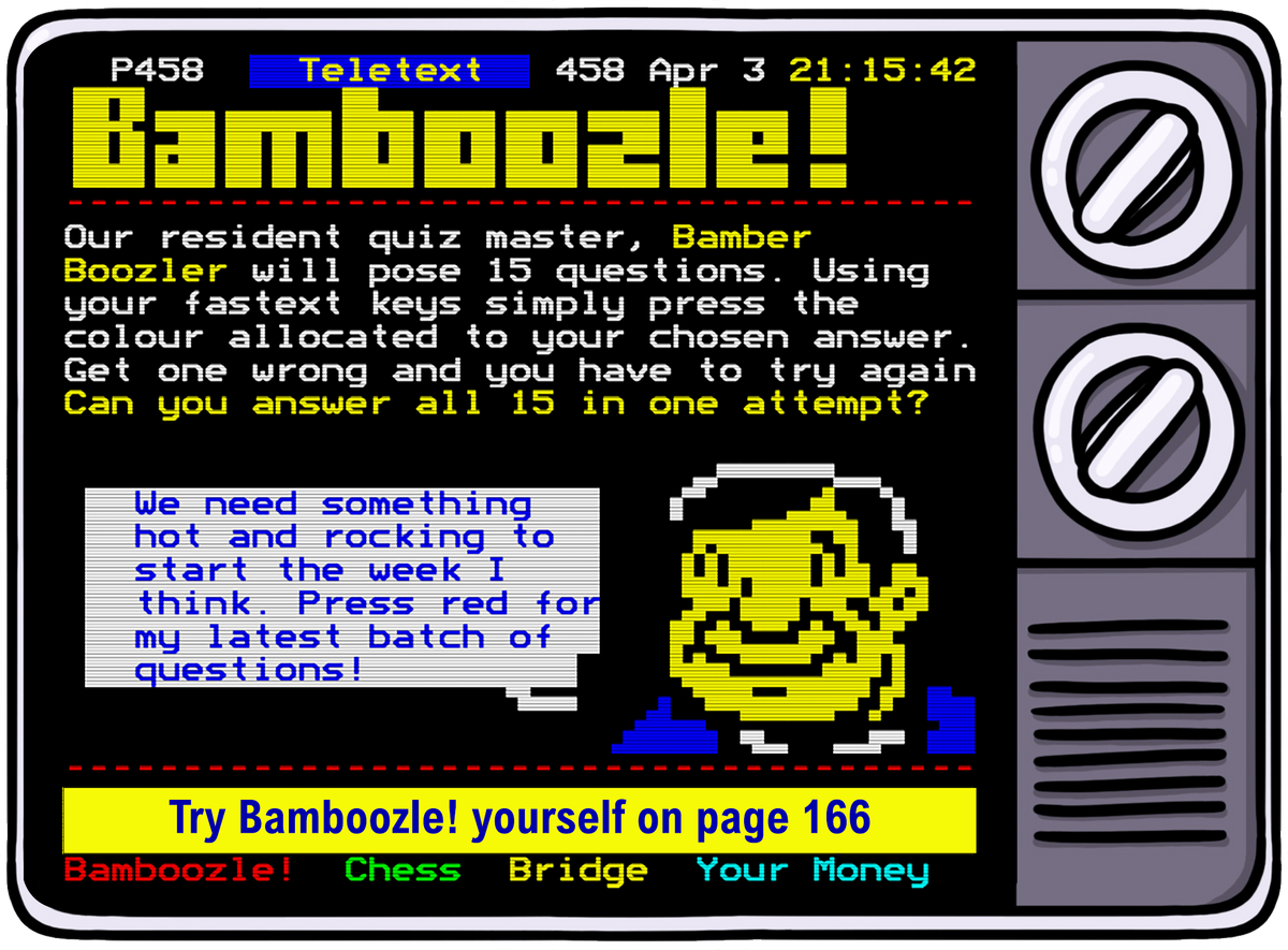 Retrotext Teletext Bamboozle quiz screen featuring Bamber Boozler character on a vintage television interface