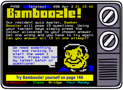 Retrotext Teletext Bamboozle quiz screen featuring Bamber Boozler character on a vintage television interface