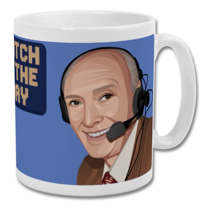 Retrotext 11oz glossy white ceramic mug featuring a cartoon illustration of commentator John Motson with headset.