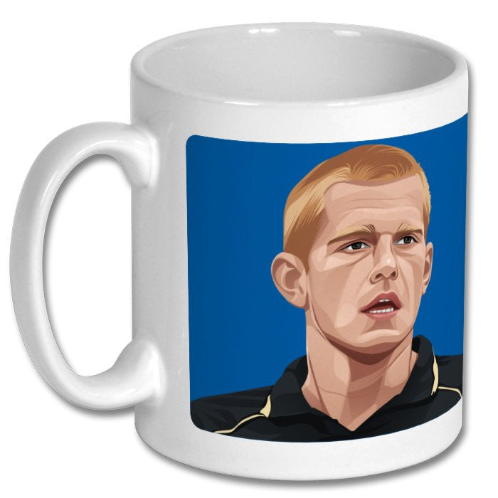 Retrotext ceramic mug featuring a graphic illustration of Ben Watson in a Wigan Athletic kit on a blue background