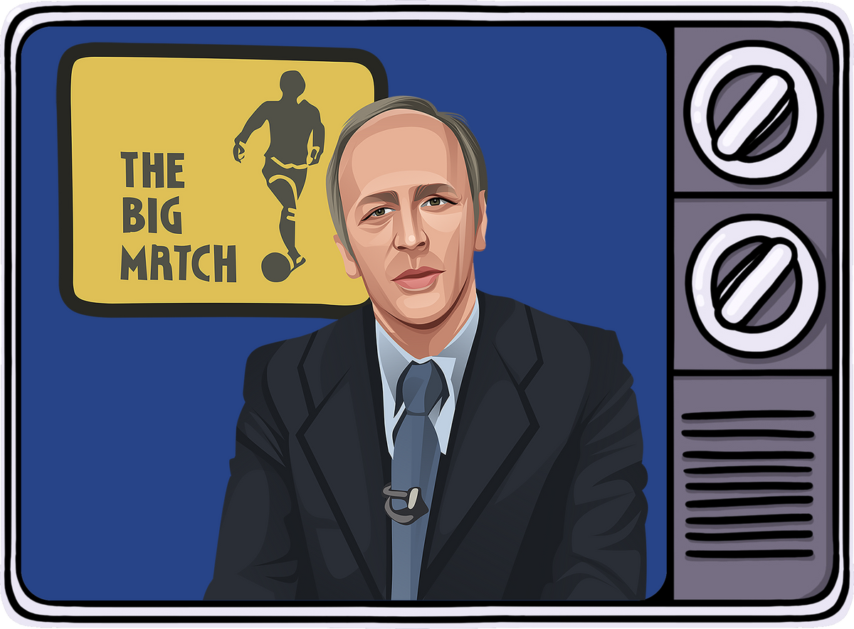 Retrotext book cover featuring a cartoon illustration of a 1980s football presenter in front of a vintage TV screen.