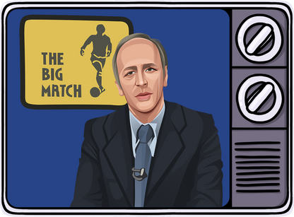 Retrotext book cover featuring a cartoon illustration of a 1980s football presenter in front of a vintage TV screen.