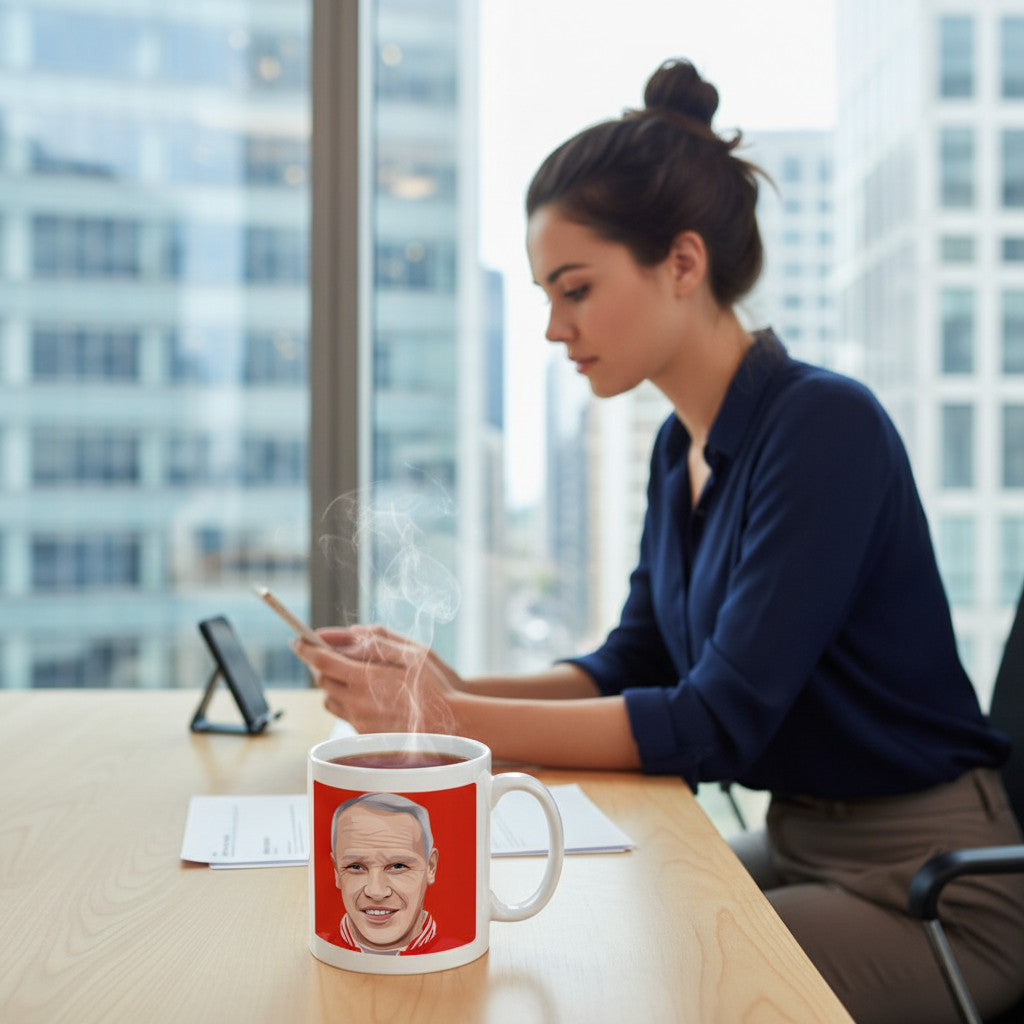 Retrotext Liverpool 1966 Bill Shankly ceramic mug with portrait on a desk in a bright office setting