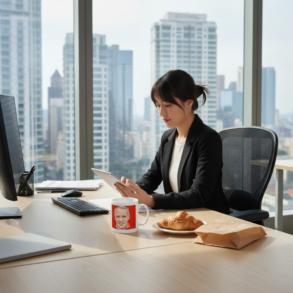 Retrotext Liverpool 1962 Bill Shankly mug on a desk next to a croissant in a modern office with city skyline view