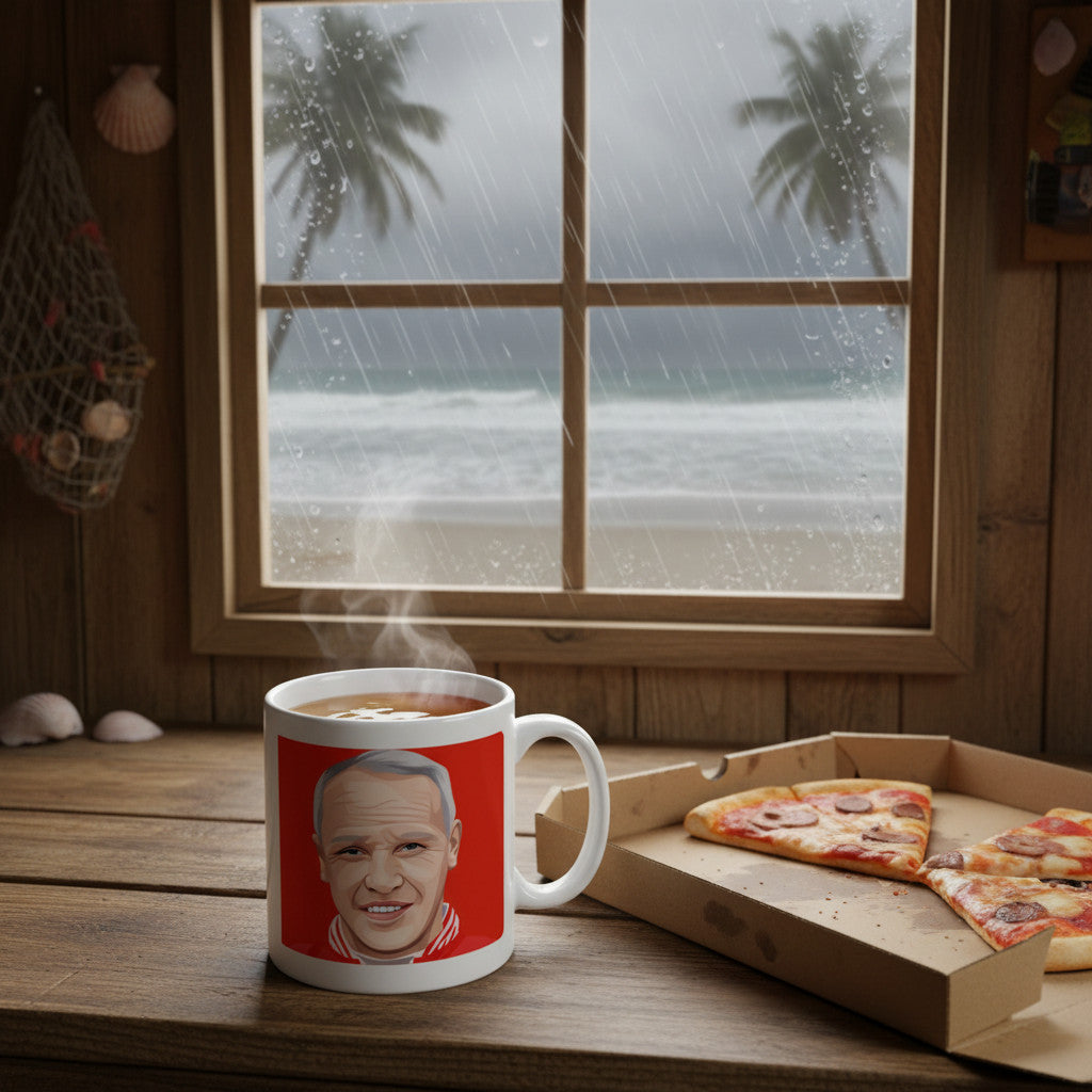 Retrotext Liverpool 1973 Bill Shankly ceramic mug featuring a portrait on a red background next to pizza by a window