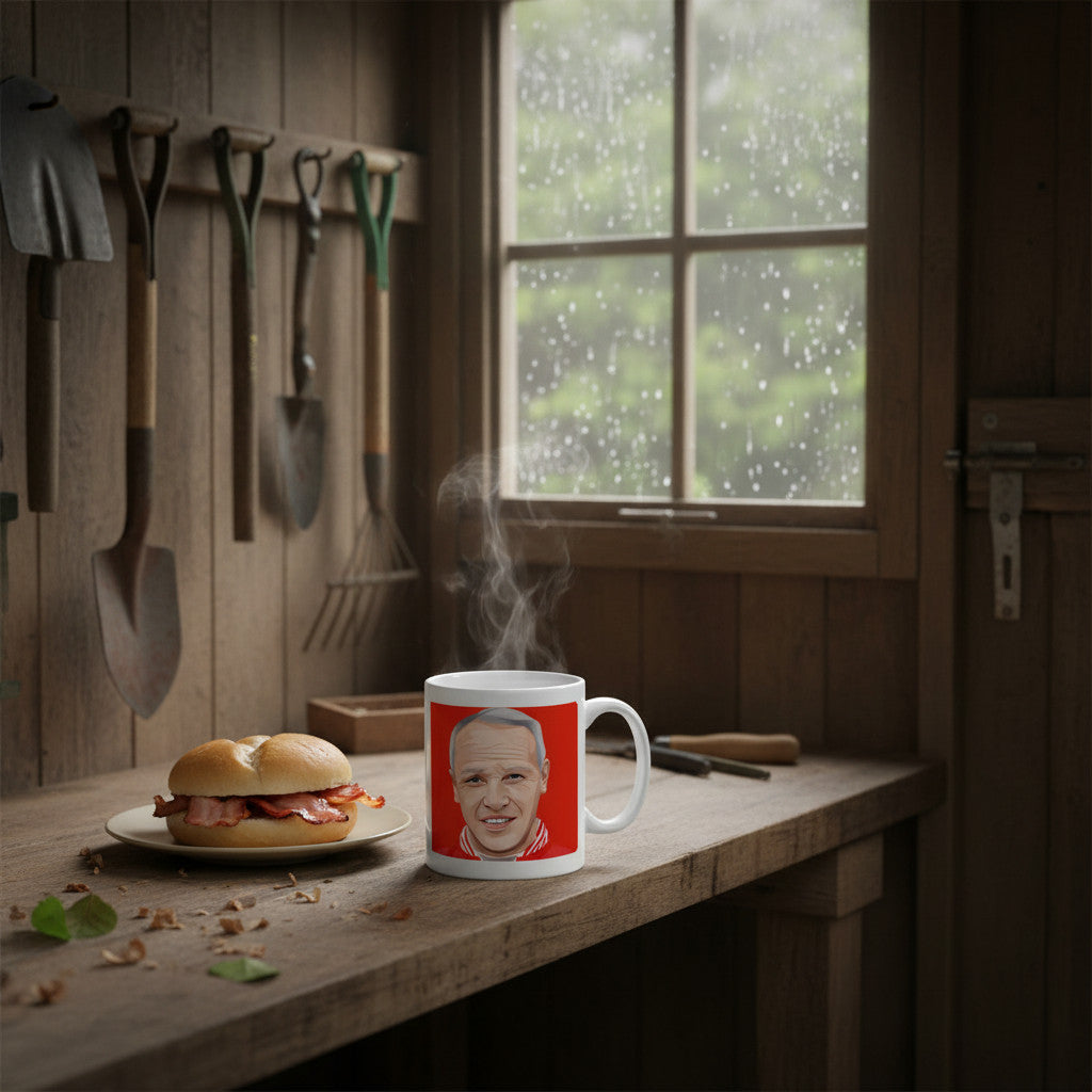 Retrotext ceramic mug featuring Bill Shankly on a red background, sitting on a rustic wooden workbench with a bacon roll