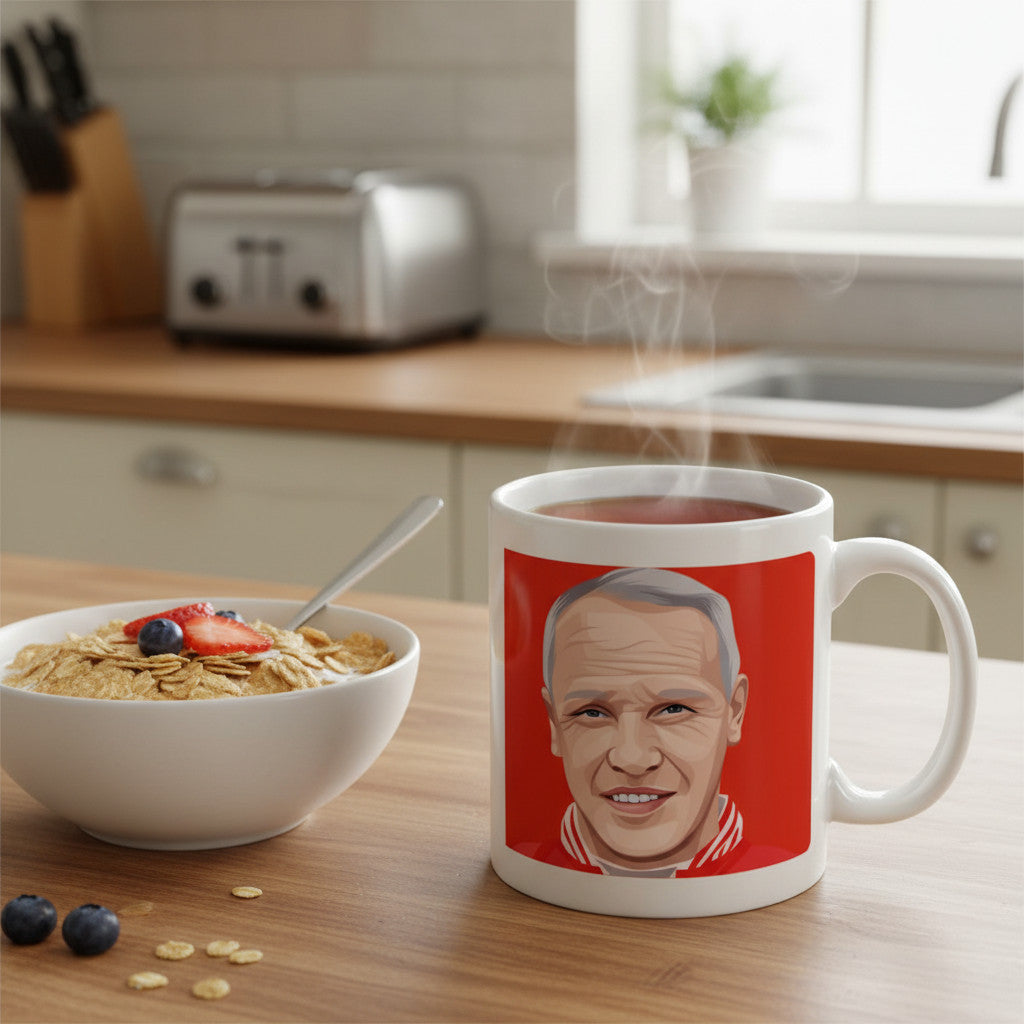 Retrotext ceramic mug featuring a Bill Shankly graphic on a red background, sitting on a wooden kitchen table.