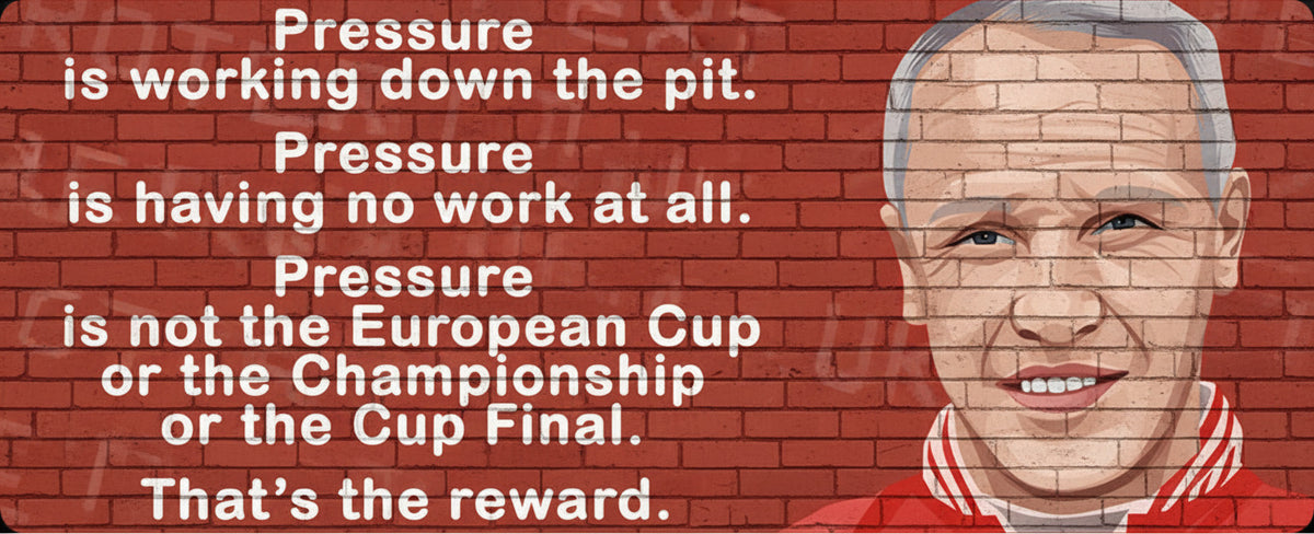 Retrotext Liverpool Bill Shankly ceramic mug featuring a red brick wall design and the famous pressure quote