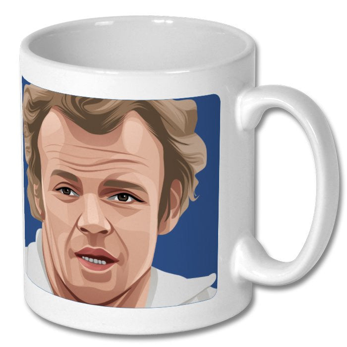 Retrotext white ceramic mug featuring a graphic illustration of Leeds United legend Billy Bremner