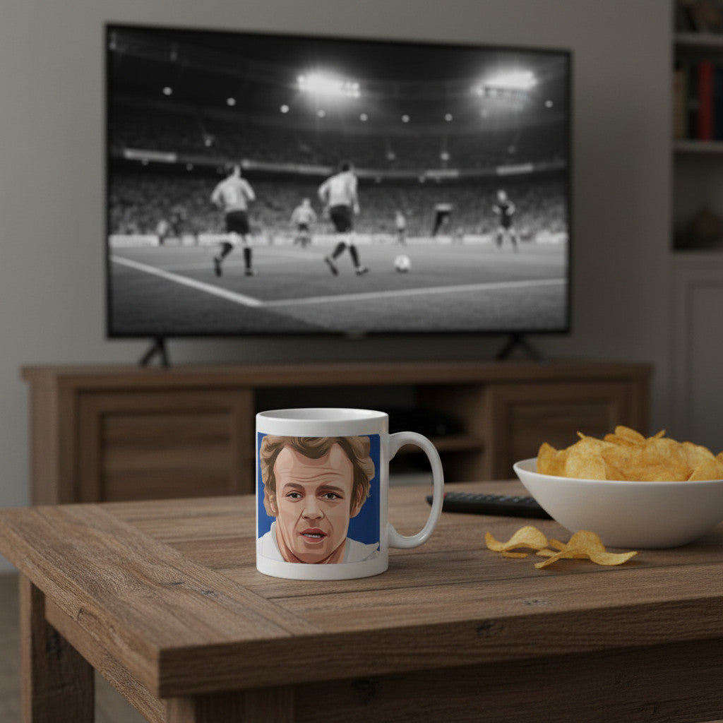 Retrotext Billy Bremner Leeds United 1972 FA Cup winner illustration on a glossy white ceramic coffee mug