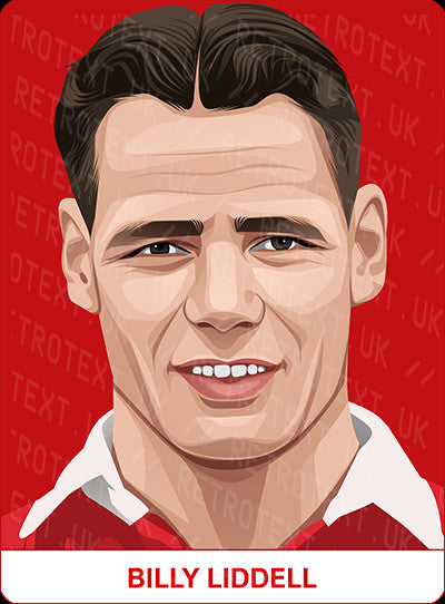 Retrotext personalised Liverpool Legends mug featuring a vibrant illustration of Billy Liddell on a red background.