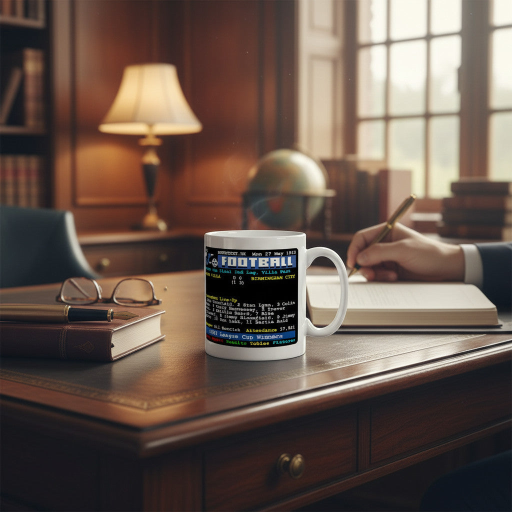 Retrotext Birmingham City 1963 League Cup Winners ceramic mug with teletext graphic on a wooden office desk.