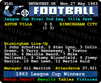 Retrotext Birmingham City 1963 League Cup Winners teletext style mug with match details and team line-up