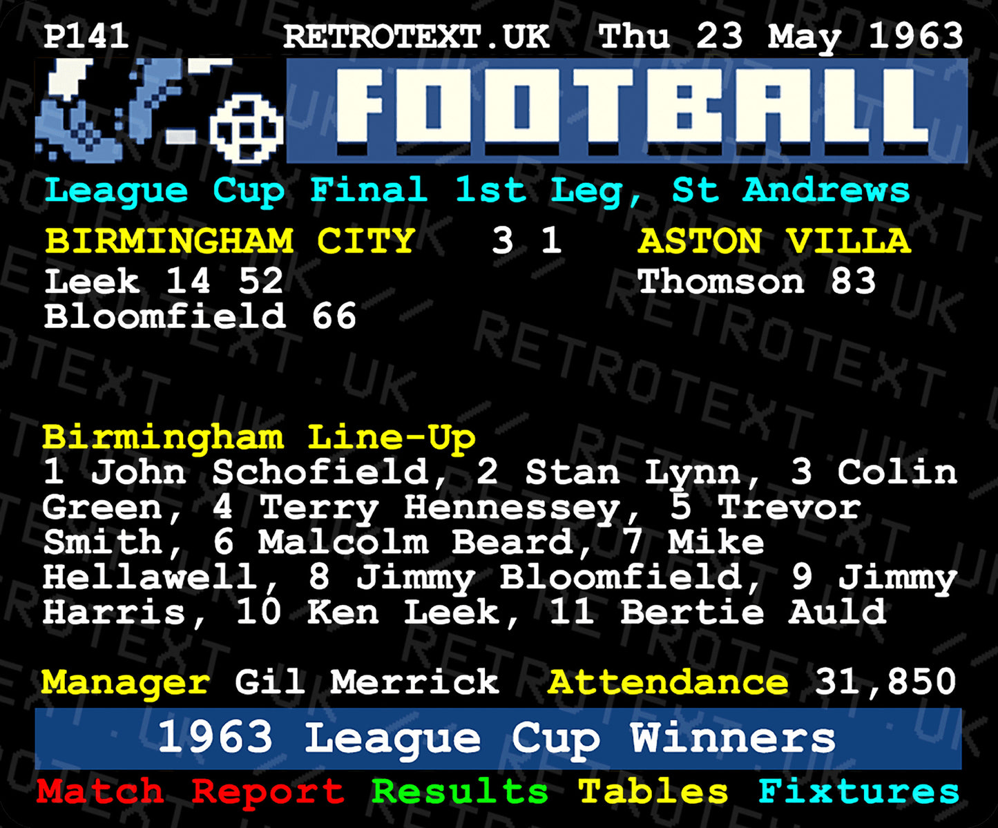 Retrotext Birmingham City 1963 League Cup Winners glossy white ceramic mug featuring a vintage football teletext design.