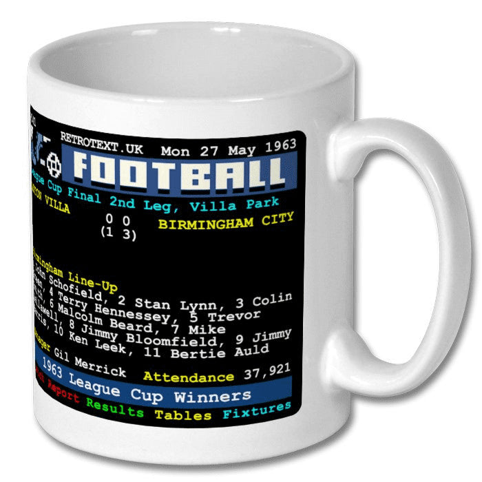 Retrotext white 11oz ceramic mug featuring a 1963 Birmingham City League Cup victory teletext graphic design.