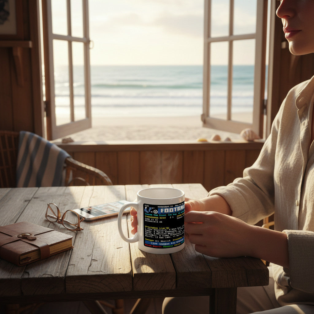 Retrotext Birmingham City 1963 League Cup Winners ceramic mug with teletext graphic held by a person at a beach table.