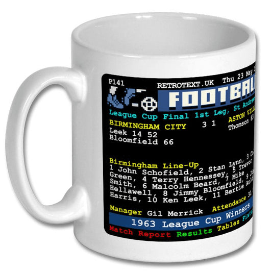 Retrotext Birmingham City 1963 League Cup Winners teletext design on a glossy white 11oz ceramic mug
