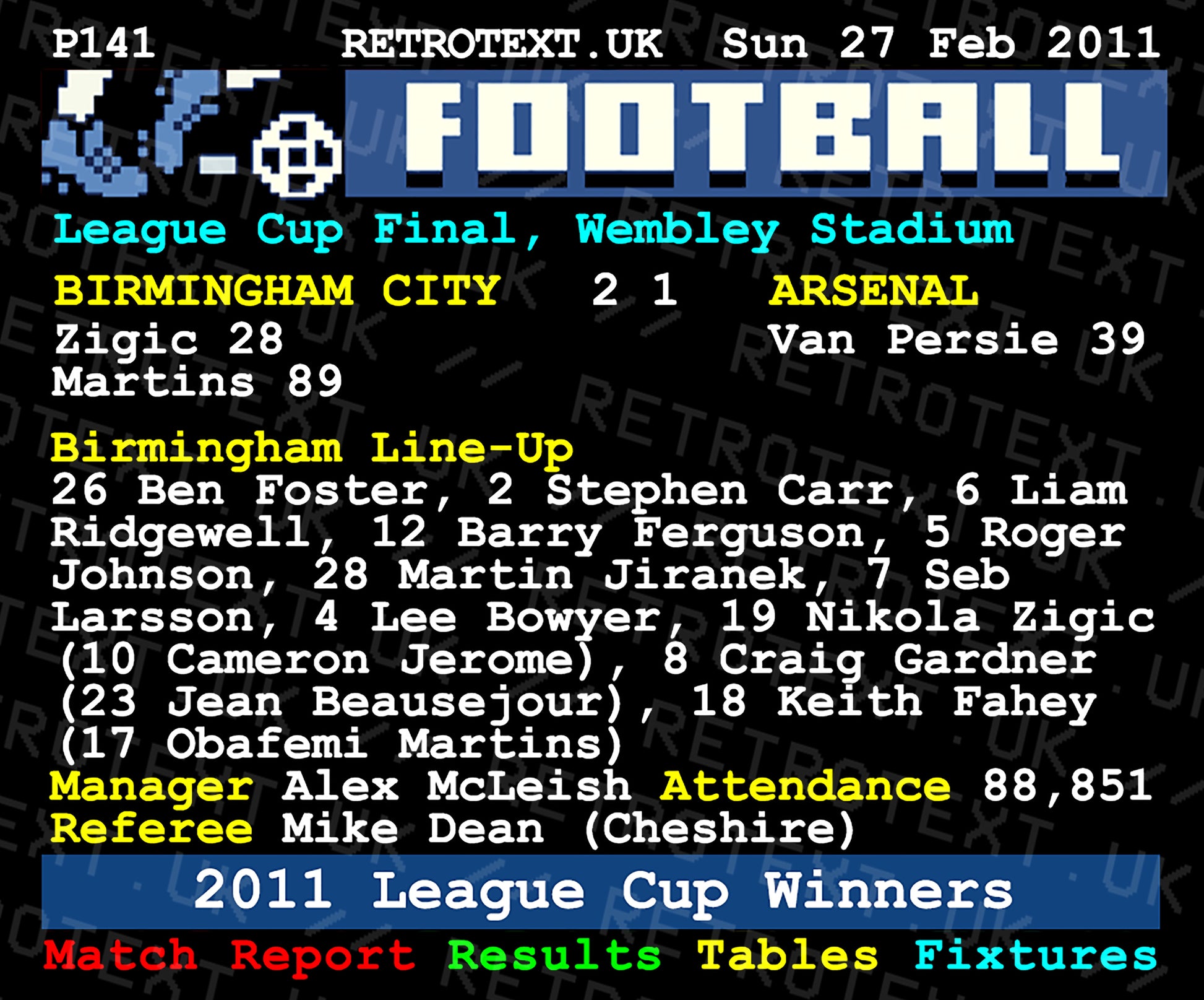Retrotext Birmingham City 2011 League Cup Winners ceramic mug featuring a nostalgic football teletext match report