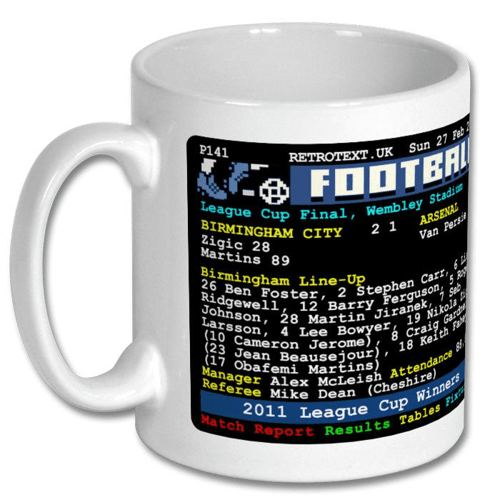 Retrotext Birmingham City 2011 League Cup Winners ceramic mug featuring a nostalgic football teletext match report.