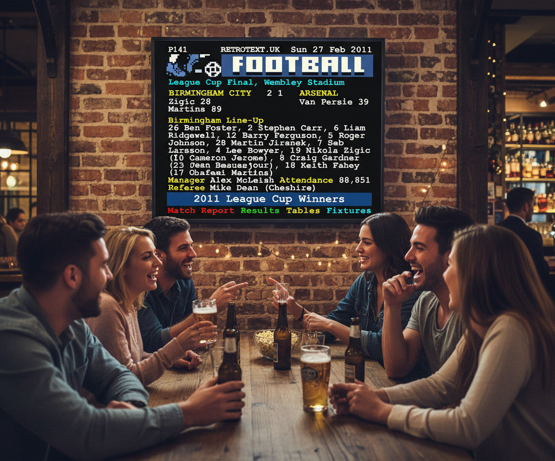 Retrotext Birmingham City 2011 League Cup Winners teletext ceramic mug featuring match details on a pub table.
