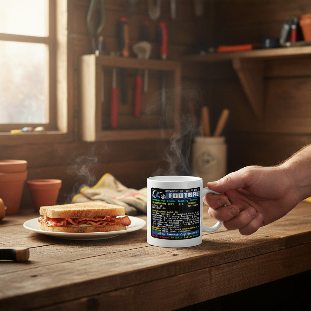 Retrotext Birmingham City 2011 League Cup Winners teletext mug held in hand next to a bacon sandwich on a wooden table