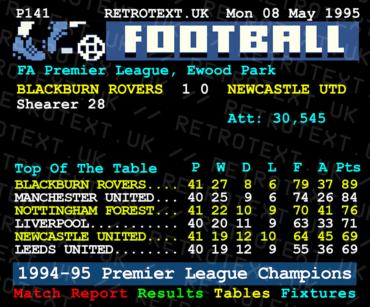 Retrotext Blackburn Rovers 1995 Premier League Champions white ceramic mug featuring a vintage teletext league table