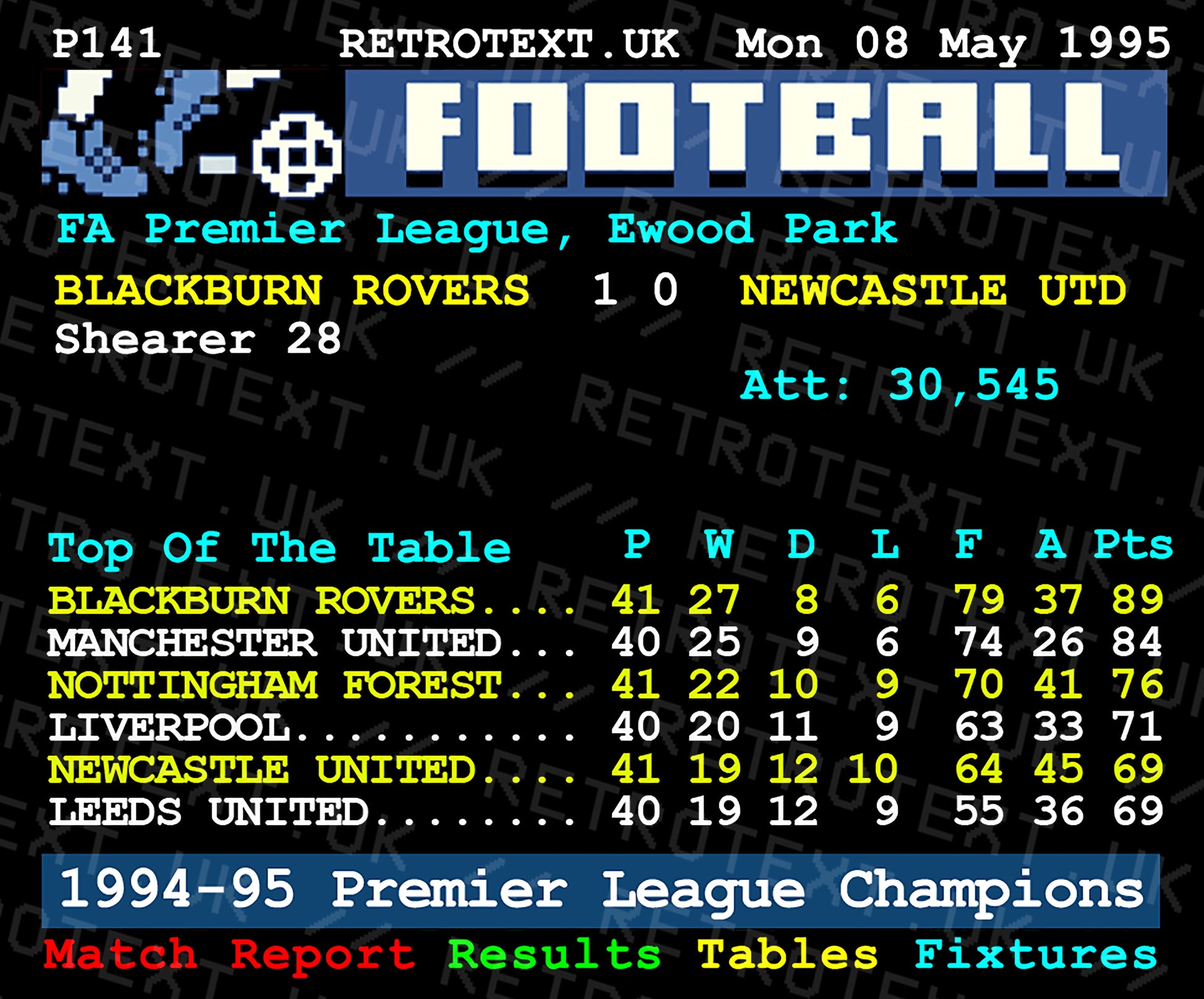 Retrotext Blackburn Rovers 1995 Premier League Champions white ceramic mug featuring a vintage teletext league table
