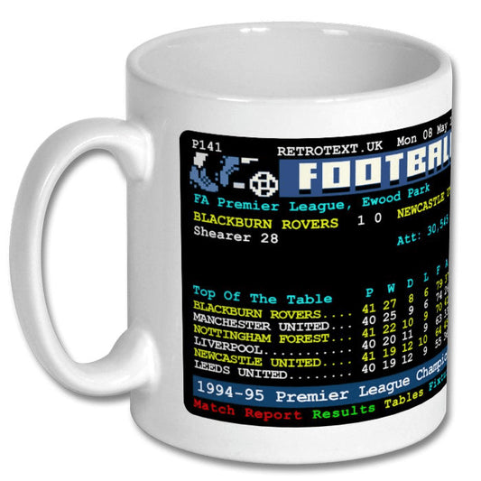 Retrotext Blackburn Rovers 1995 Premier League Champions white ceramic mug featuring a vintage teletext match report