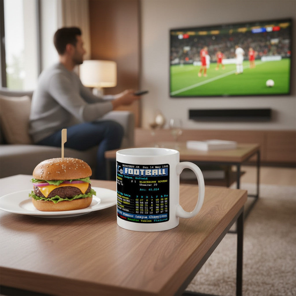 Retrotext Blackburn Rovers 1995 Premier League Champions teletext mug on a wooden table next to a cheeseburger
