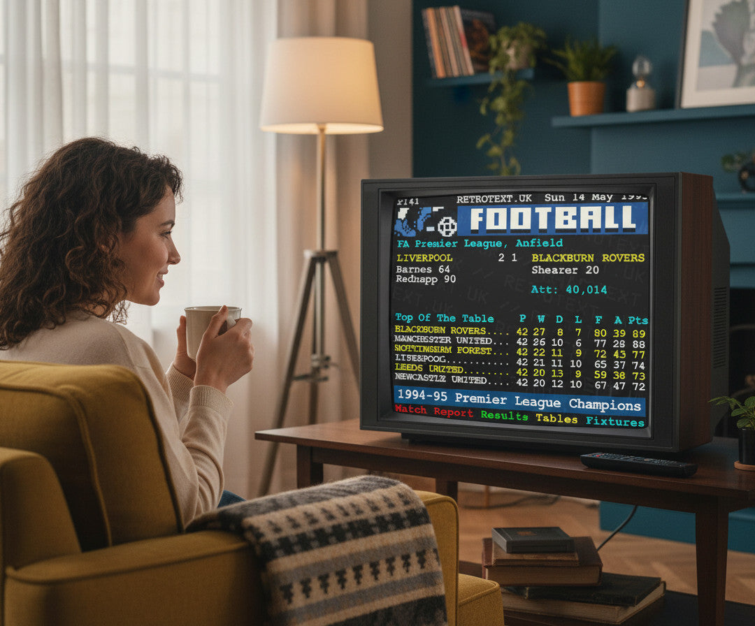 Retrotext Blackburn Rovers 1995 Premier League Champions Teletext mug held by a woman watching a vintage television