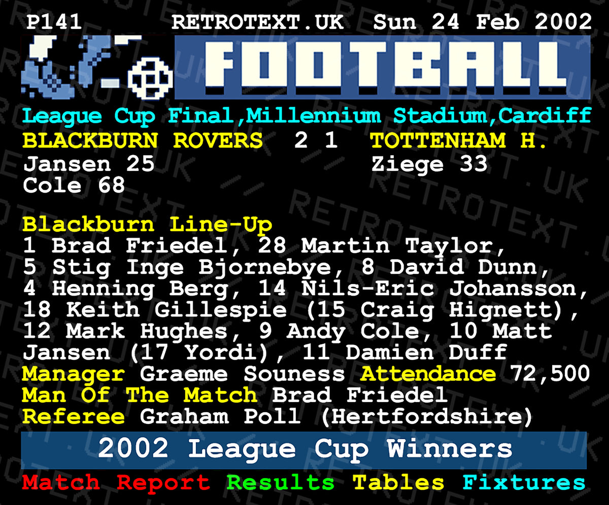 Retrotext Blackburn Rovers 2002 League Cup winners mug featuring a vintage teletext match report design