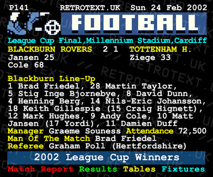 Retrotext Blackburn Rovers 2002 League Cup winners mug featuring a vintage teletext match report design