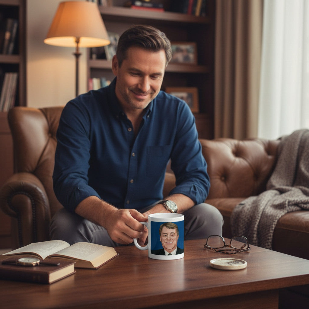Retrotext Blackburn Rovers 1995 Jack Walker Teletext mug held by a man sitting in a cozy leather armchair