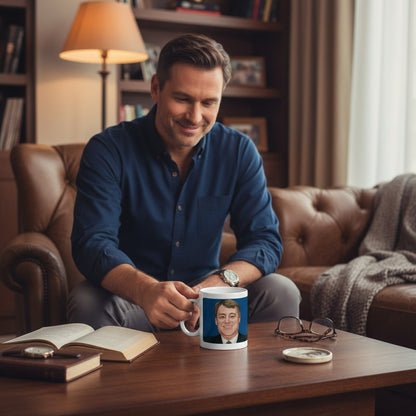 Retrotext Blackburn Rovers 1995 Jack Walker Teletext mug held by a man sitting in a cozy leather armchair