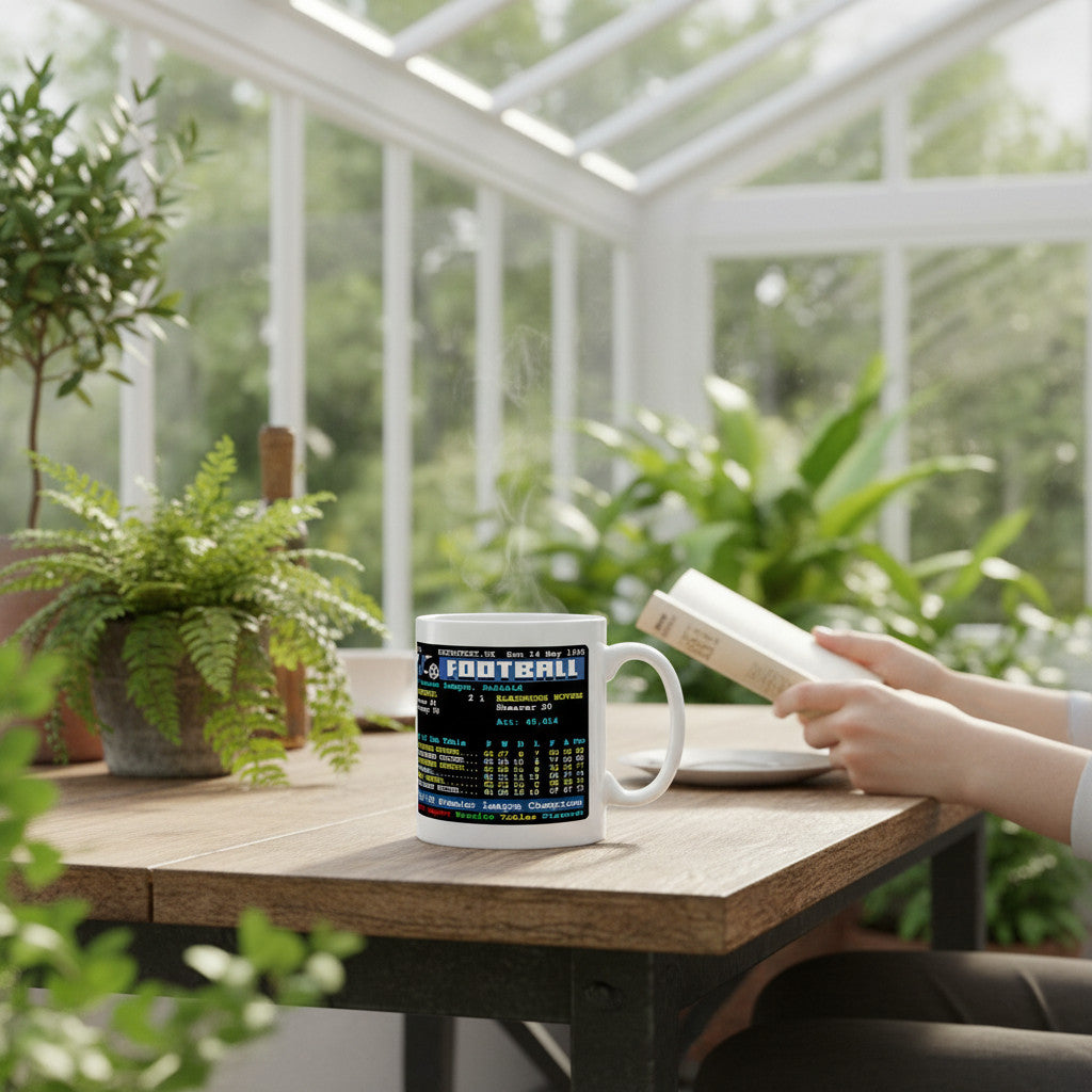 Retrotext Blackburn Rovers 1995 Premier League Champions Teletext mug on a wooden table in a sunlit greenhouse