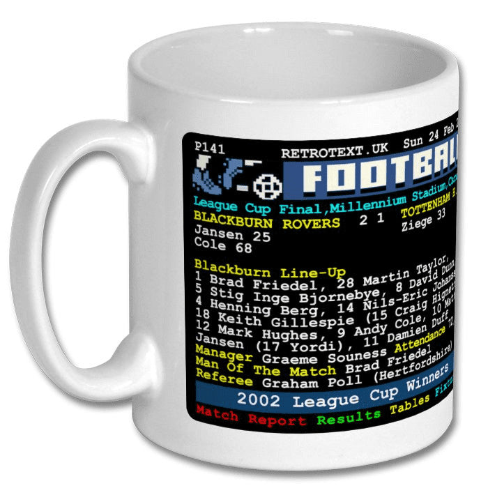 Retrotext Blackburn Rovers 2002 League Cup Winners Andy Cole teletext design on a glossy white 11oz ceramic mug