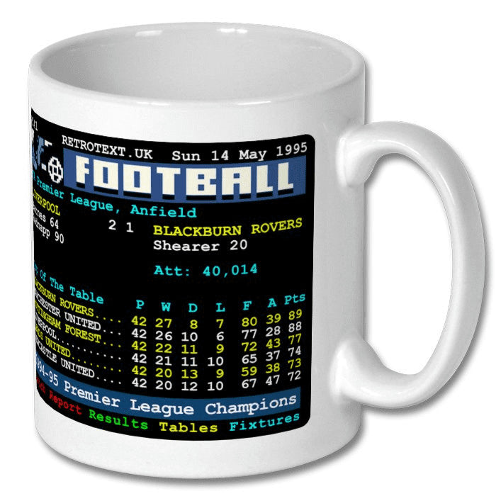 Retrotext white 11oz ceramic mug featuring a 1995 Blackburn Rovers Premier League champions teletext scoreboard design.