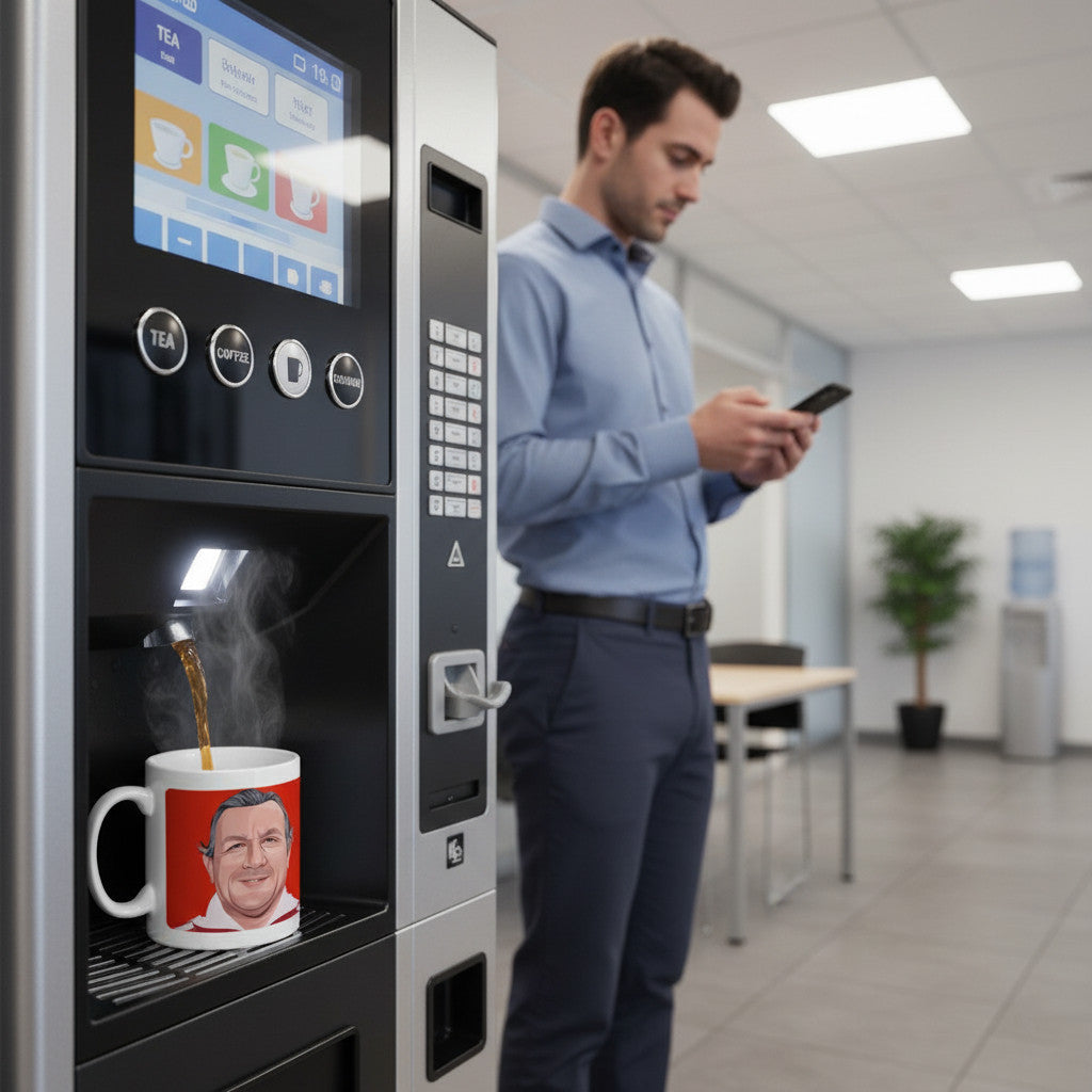 Retrotext Liverpool 1978 European Cup Winners mug featuring Bob Paisley portrait being filled by a coffee machine