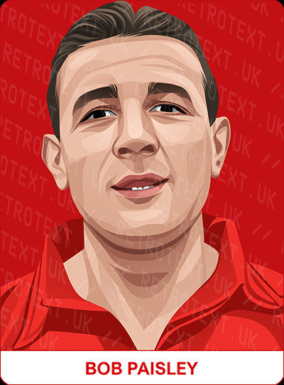 Retrotext personalised Liverpool Legends mug featuring a vibrant illustrated portrait of manager Bob Paisley