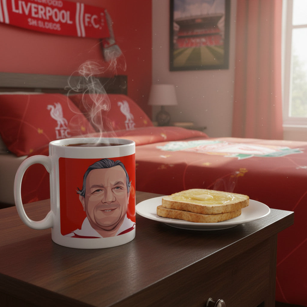 Retrotext ceramic mug featuring a Bob Paisley illustration on a bedside table with toast in a Liverpool themed room