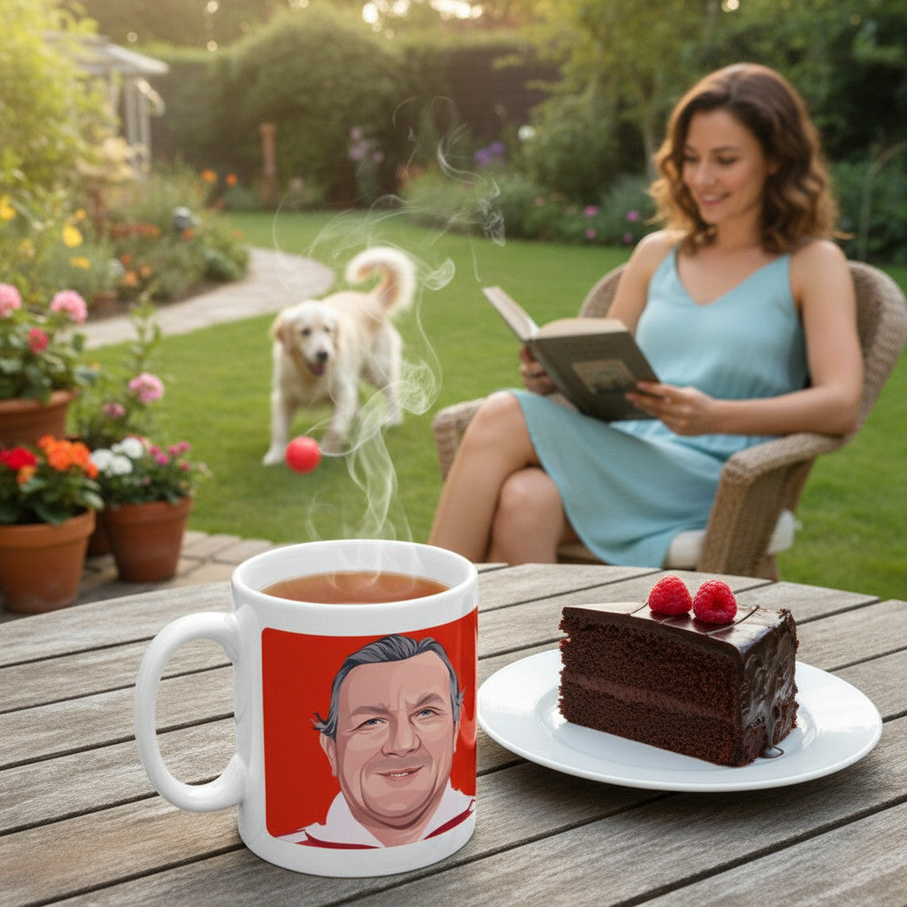 Retrotext Liverpool 1977 Bob Paisley ceramic mug with red graphic on a wooden table next to chocolate cake