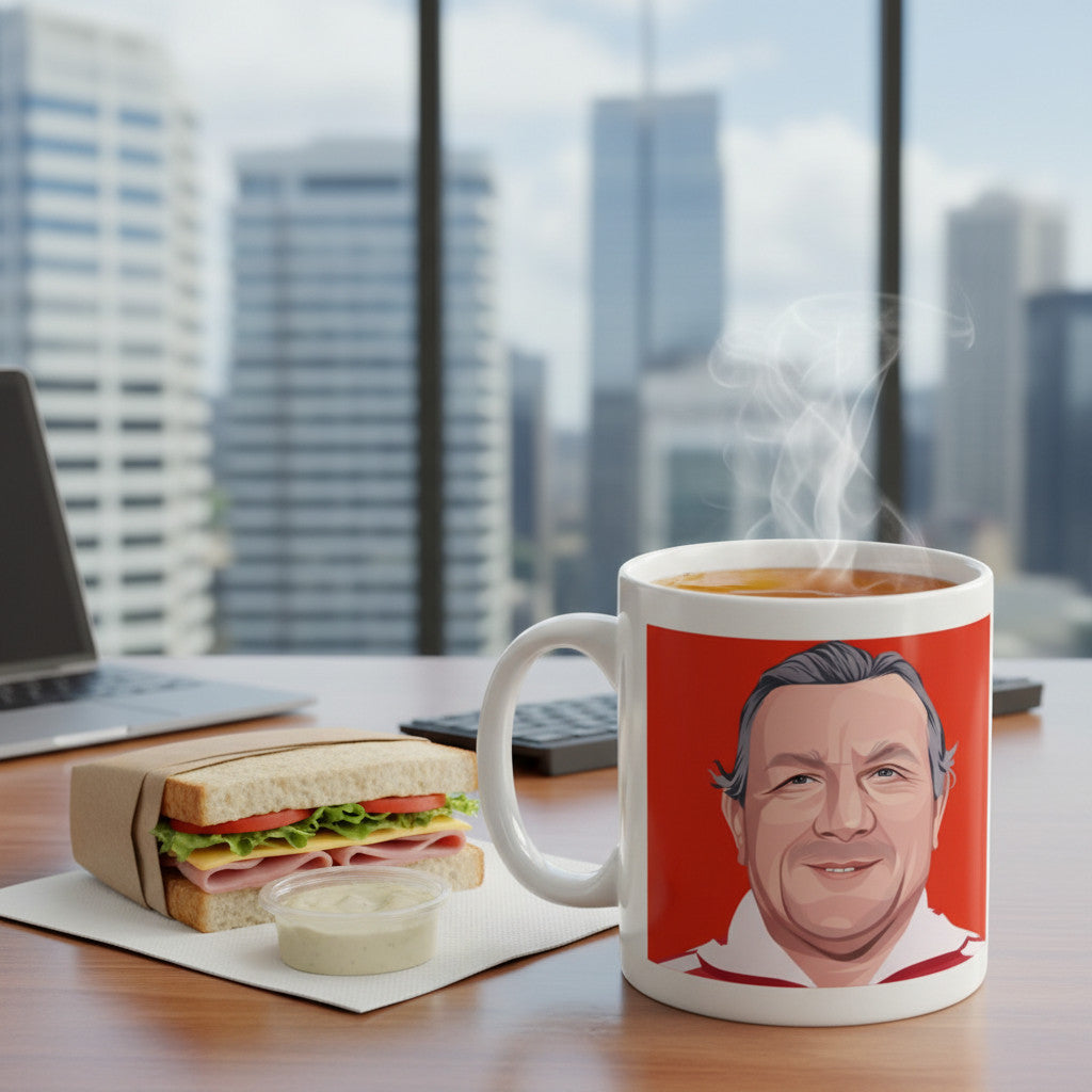 Retrotext Liverpool 1979 Champions mug featuring a Bob Paisley illustration on a red background on an office desk.