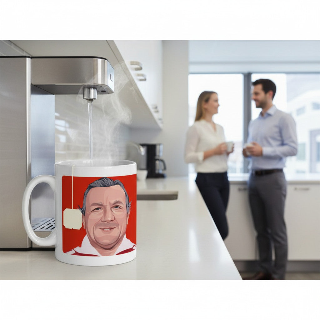 Retrotext ceramic mug featuring a Bob Paisley illustration on a red background, sitting on a modern kitchen counter.