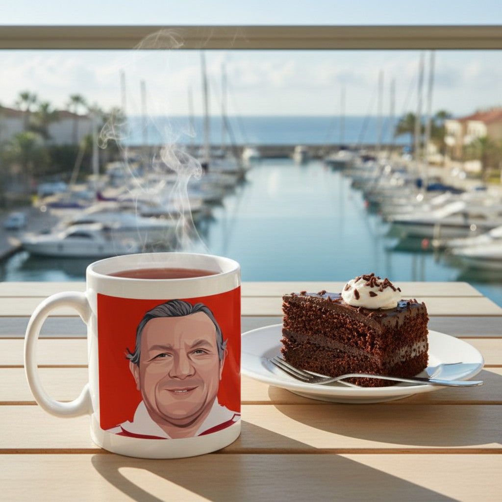 Retrotext ceramic mug featuring a Bob Paisley illustration on a red background, served with chocolate cake by a marina