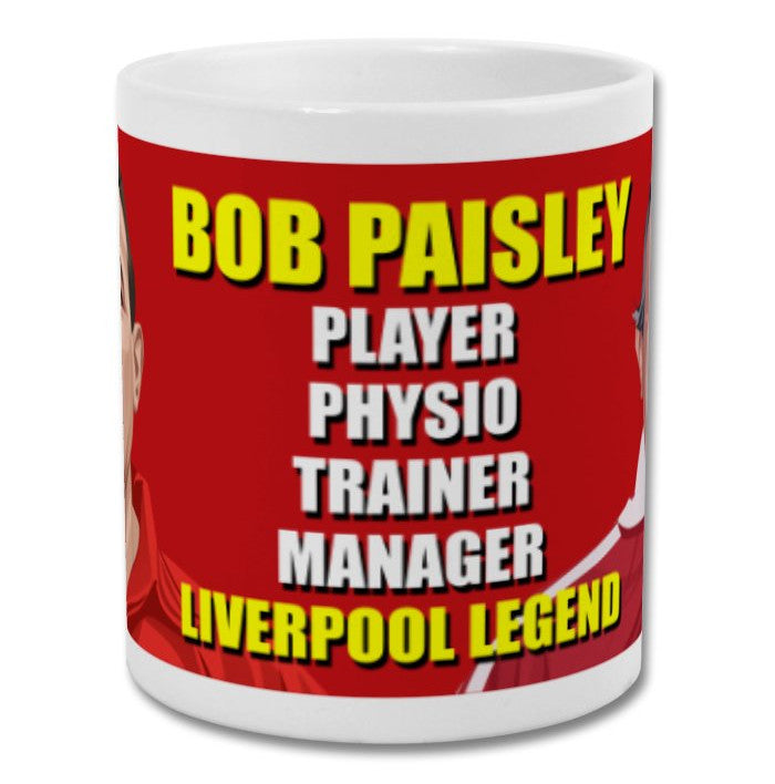 Retrotext Liverpool Bob Paisley 11oz glossy white ceramic mug featuring a red wraparound design and legend text.