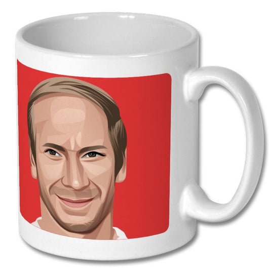 Retrotext 11oz glossy white ceramic mug featuring a stylized illustration of Bobby Charlton on a red background.