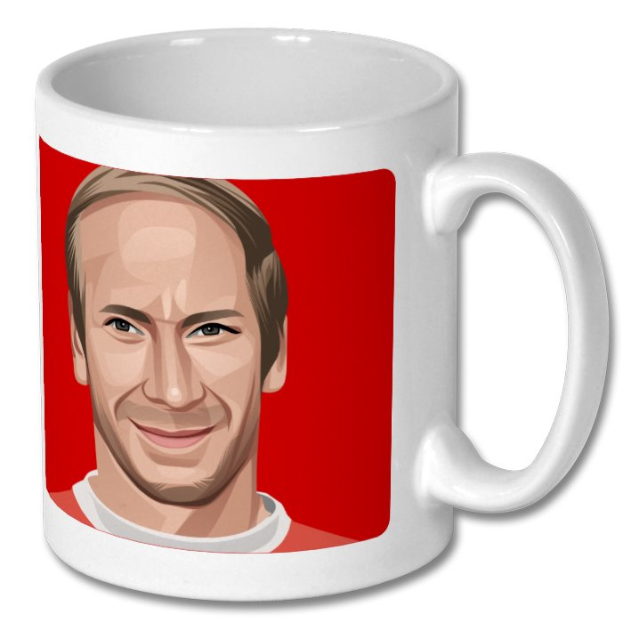 Retrotext white ceramic mug featuring a graphic illustration of Bobby Charlton in his Manchester United kit