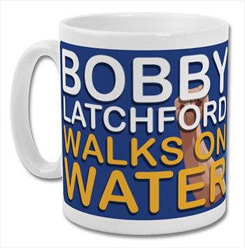 Retrotext Everton Bobby Latchford Walks On Water glossy white 11oz ceramic mug with blue and yellow graphic design