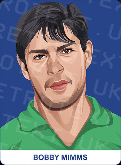 Retrotext Everton mug featuring a digital illustration of Bobby Mimms in a green shirt against a blue background.
